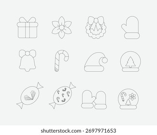 Navidades Festiva Elementos Line Icon Set de regalo