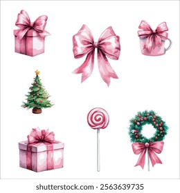 Christmas Holiday Elements with Pink Decorations - Gifts, Tree, Wreath, and Lollipop