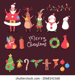 Christmas holiday elements with Santa Claus, reindeer, tree, garland and others vector cartoon set isolated on background.