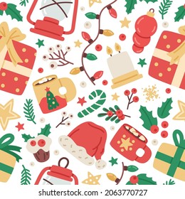 Christmas holiday elements seamless pattern. Winter holidays decorative gifts boxes, fir tree toys and hot drink cups vector background illustration. Xmas and New Year festive pattern
