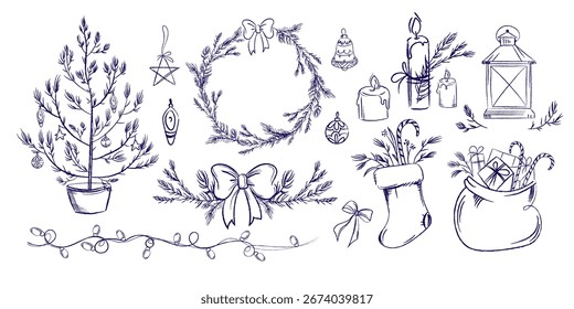 Navidades Elementos de vacaciones en estilo dibujado a mano con velas de corona de árboles decoradas guirnalda de linterna y bolso de regalo para tarjetas de felicitación invitaciones etiquetas de empaquetado de carteles y marca de temporada. Vector