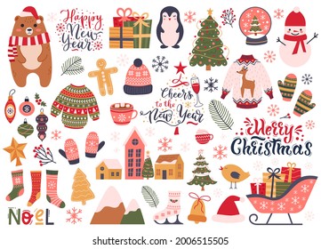 Christmas holiday elements. Winter holidays cozy socks decorations, fir tree and snowman vector illustration set. Xmas cute hand drawn decorations. Accessories for decor, clothes and cookie