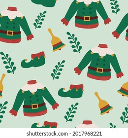 Christmas holiday elf clothing dress with bell and leaf seamless pattern for fabric, textiles, linen and wallpaper