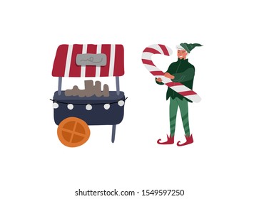Christmas holiday Elf who holds big candy next to sweets stall. New Year card. Winter festive isolated Vector cartoon illustration