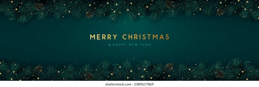 Christmas holiday emerald background with christmas tree branches, pine cones and neon lights. Greeting card or banne design. Vector illustration