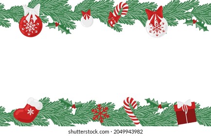 Weihnachtsferien immergrüner Vektorrahmen mit Feriendekorationselementen. Nahtlose Urlaubsrahmen für Banner, Promotion-Poster.