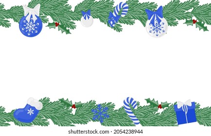 Christmas holiday evergreen vector frame with holiday decoration elements. Seamless holiday frame for banners, promotion posters.