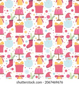 Christmas holiday flat gift box vector seamless pattern. Winter holiday background. Festive Xmas texture. Traditional seasonal backdrop. Creative New Year wallpaper, textile, wrapping paper design.