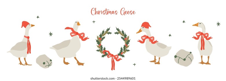 Christmas Holiday Flat goose set illustration. Vector cliparts of domestic birds. Festive Farming