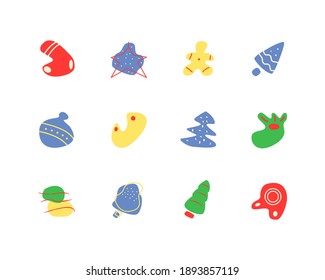 Conjunto de elementos abstractos vectoriales planos navideños. Ornamento de Año Nuevo RGB color clipart. Decoración de invierno de forma geométrica aislada y orgánica sobre la colección de fondo blanco