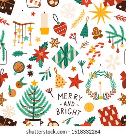 Christmas holiday flat vector seamless pattern. Winter season symbols texture. Traditional xmas attributes decorative backdrop. Christmas tree toys, gingerbread cookies, presents illustration.