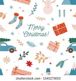 Christmas holiday flat vector seamless pattern. Winter holiday background. Festive Xmas texture. Traditional seasonal backdrop. Creative New Year wallpaper, textile, wrapping paper design.