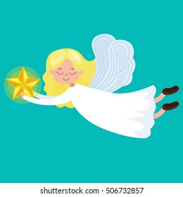 christmas holiday flying angel with wings and golden trumpet like symbol in Christian religion or new year  vector illustration