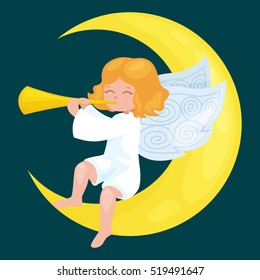 christmas holiday flying angel with wings and golden trumpet on the moon like symbol in Christian religion or new year vector illustration