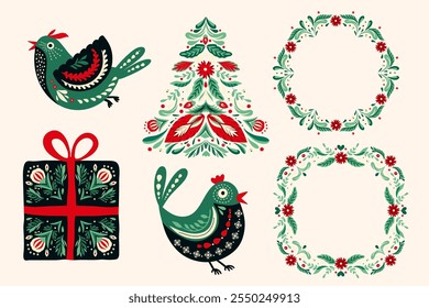 Christmas Holiday Folk Art Illustration Set With Birds Wreath Tree Gift Frame Collection Folklore Vintage Set Vector
