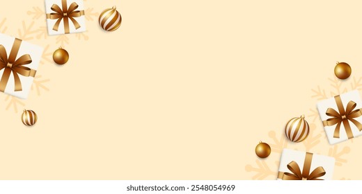 Christmas holiday frame banner. Christmas ornaments and gifts background design. Vector illustration