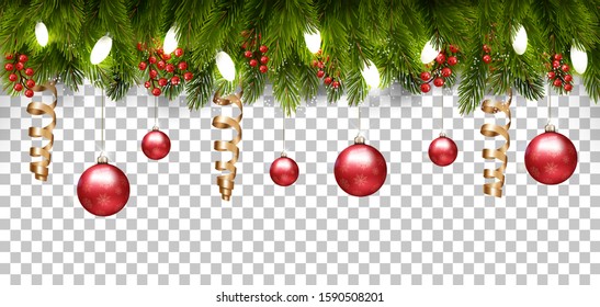 Christmas holiday frame with branches of tree and a red balls on transparent background. Vector.