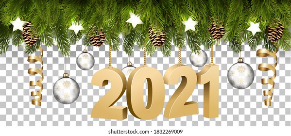 Christmas holiday frame with branches of tree garland and a golg 2021 litters on transparent background. Vector.