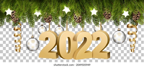 Christmas holiday frame with branches of tree garland and a golg 2022 litters on transparent background. Vector.