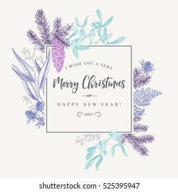 Christmas holiday frame  with pine branches, mistletoe, fern. Engraved card. Vector design elements isolated on white background.