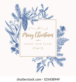 Christmas holiday frame  with pine branches, mistletoe, fern. Engraved card. Vector design elements isolated on white background. Blue.