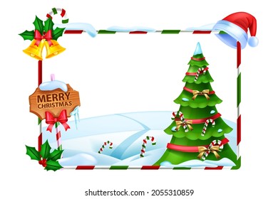 Christmas holiday frame, vector winter x-mas background, holiday decorated pine tree, wooden signboard. Festive decoration photo border, snowdrift, Santa Claus hat. Christmas landscape rectangle frame