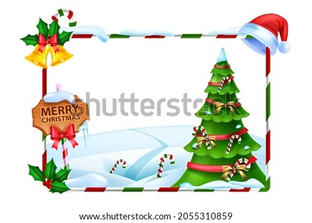 Christmas holiday frame, vector winter x-mas background, holiday decorated pine tree, wooden signboard. Festive decoration photo border, snowdrift, Santa Claus hat. Christmas landscape rectangle frame