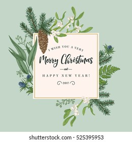 Christmas holiday frame in vintage style. Greeting invitation card. Botanical illustration with pine branches, cones, mistletoe.