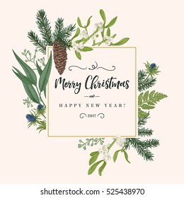 Christmas Holiday Frame In Vintage Style. Greeting Invitation Card. Botanical Illustration With Pine Branches, Cones, Mistletoe, Fern.