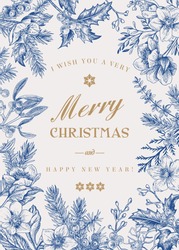 Christmas Holiday Frame.  Winter Background. Vector Floral Illustration. Blue.