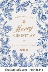 Christmas holiday frame.  Winter background. Vector floral illustration. Blue.