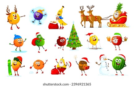 Christmas holiday fruits characters. Cute berry food vector personages of cartoon pineapple Santa with Xmas tree, reindeers and sleigh, orange, apple, banana, peach and mango with gifts and snowman