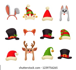 Christmas Holiday Funny Hats Set. Xmas Santa Hat, Elf Cap, Reindeer and Wolf Huts and Winter Animal Accessory For Mobile Party App. Cartoon Style Vector Illustration