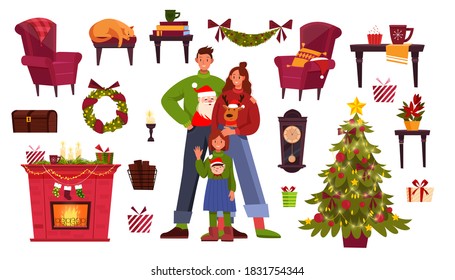 Christmas holiday furniture collection with happy family in sweaters, x-mas tree, chimney, wreath. Cozy winter illustration set with decorations, presents, fireplace. Isolated Christmas furniture 