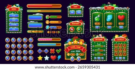 Christmas holiday game interface menu panel buttons and bars asset. Vector festive ui elements, icons, sliders and boards for Xmas video game, adorned with candy canes, ornaments, snow and poinsettias