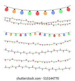 Christmas holiday garland lights in flat style vector set. Colored garland balls, glitter hanging color garland illustration