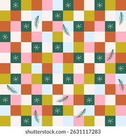 Christmas holiday geometric ornament. Abstract Winter checkered seamless pattern. Mosaic grid style background. Colorful minimalistic vector illustration.
