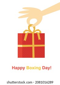 Christmas holiday gift box for present vector icon. Hand holding red gift box cartoon illustration. Boxing day celebration design element. Christmas, New year festive shopping sale template background