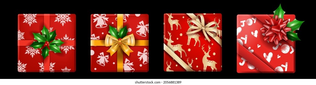 Christmas holiday gift box set, vector x-mas realistic present package top view, winter New Year surprise. Red wrapping paper, golden bow, yellow ribbon celebration decor. Shopping gift box collection