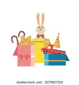 Christmas holiday gift boxes for presents vector illustration. Cute toy, sweet food in box cartoon. Boxing day celebration design element. Christmas, New year festive shopping sale template background