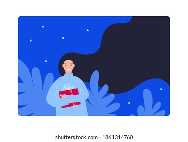 Christmas holiday gift and new year celebration concept. Vector flat people illustration. Card or banner template. Woman hold red giftbox in night sky nature background. Design for sale, ad.