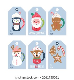 Christmas holiday gift tags and labels set with cute hot cocoa chocolate cup. Childish print