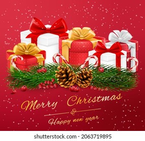 Christmas holiday gifts with gold, red, silver bows, fir branches, pine cones and snow on a red background. The illustration can be used for Christmas designs, posters, cards, websites and banners