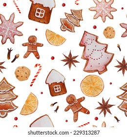 Christmas holiday ginger bread, tangerine and berries background. Watercolor vintage sweets pattern. Hand drawn vector seamless texture with white background.