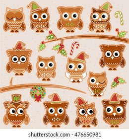 Christmas Holiday Gingerbread Cookie Owls in Vector Format