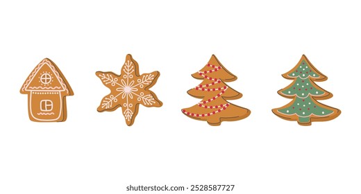 Christmas holiday gingerbread cookies collection. Cute set of Winter sweet homemade pastry. Sweet sugar glaze cookies, traditional xmas dessert. Hand drawn flat design vector illustration.
