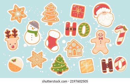 Christmas holiday gingerbread cookies stickers set. Traditional winter baked Xmas snack delicious food. Christmas celebration, New Year ginger biscuit dessert decoration vector background illustration