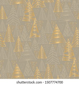 Christmas holiday gold and beige gray seamless pattern. Hand drawn xmas tree sketch repeatable motif for background, wrap, fabric, textile, wrap, surface, web and print design. 