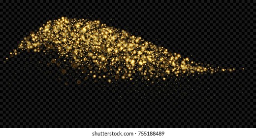 Christmas holiday golden glitter background template of sparkling gold particles and shiny light effect. Vector glittering shimmer wave on black background for New Year or Christmas greeting card.