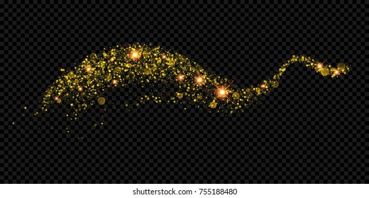 Christmas holiday golden glitter light wave background template of sparkling gold particles and shiny confetti effect. Vector glittering shimmer glare trail for New Year or Christmas luxury design.
